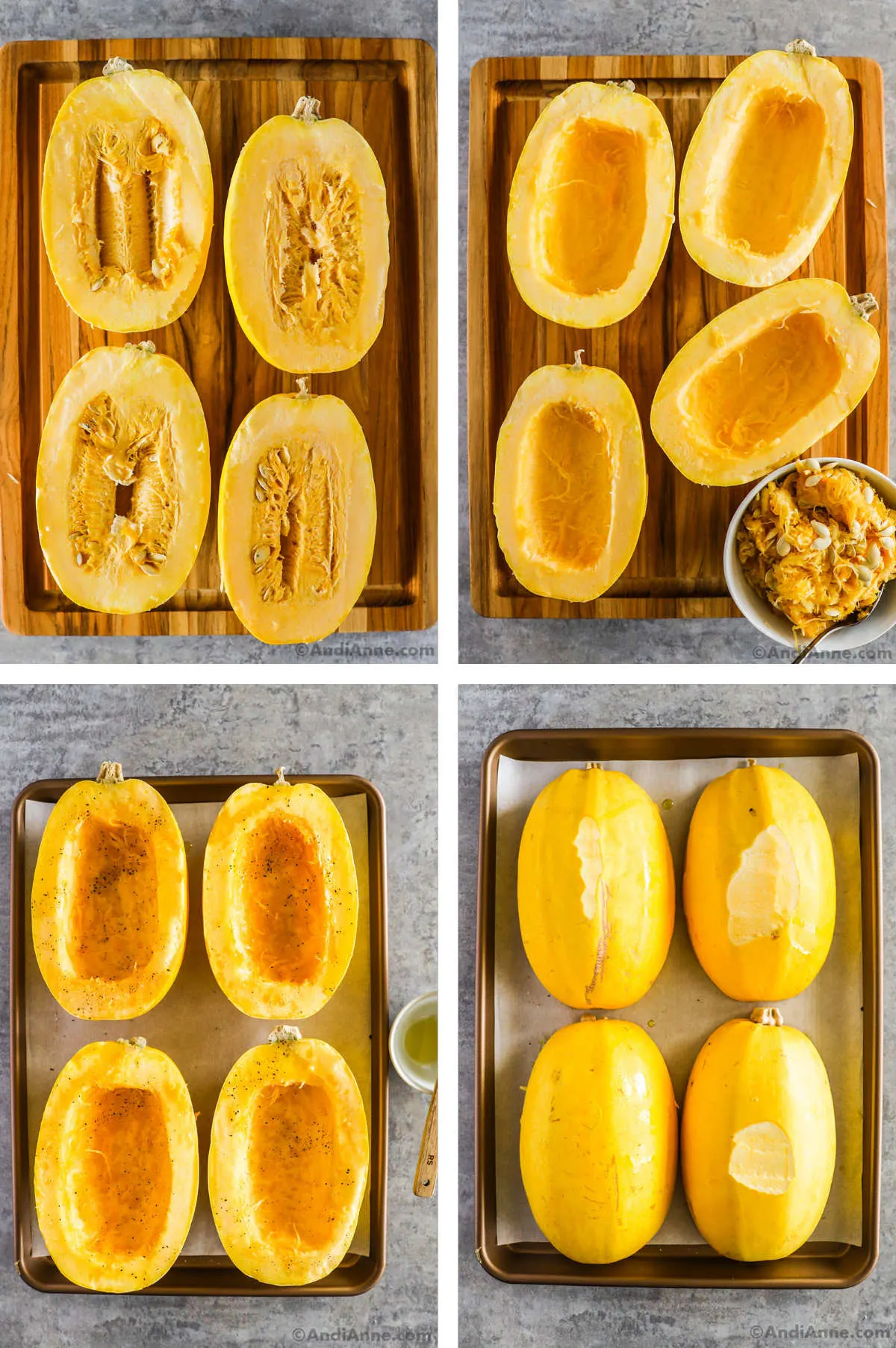 Four overhead images in one: 1. Four halves of two squash resting on a wooden cutting board. 2. Four halves with seeds and strings scooped out and into a white bowl at bottom left. 3. Four squash halves placed on parchment paper on a baking sheet. Salt and pepper sprinkled on top. 4. Each squash half has been placed face down. 
