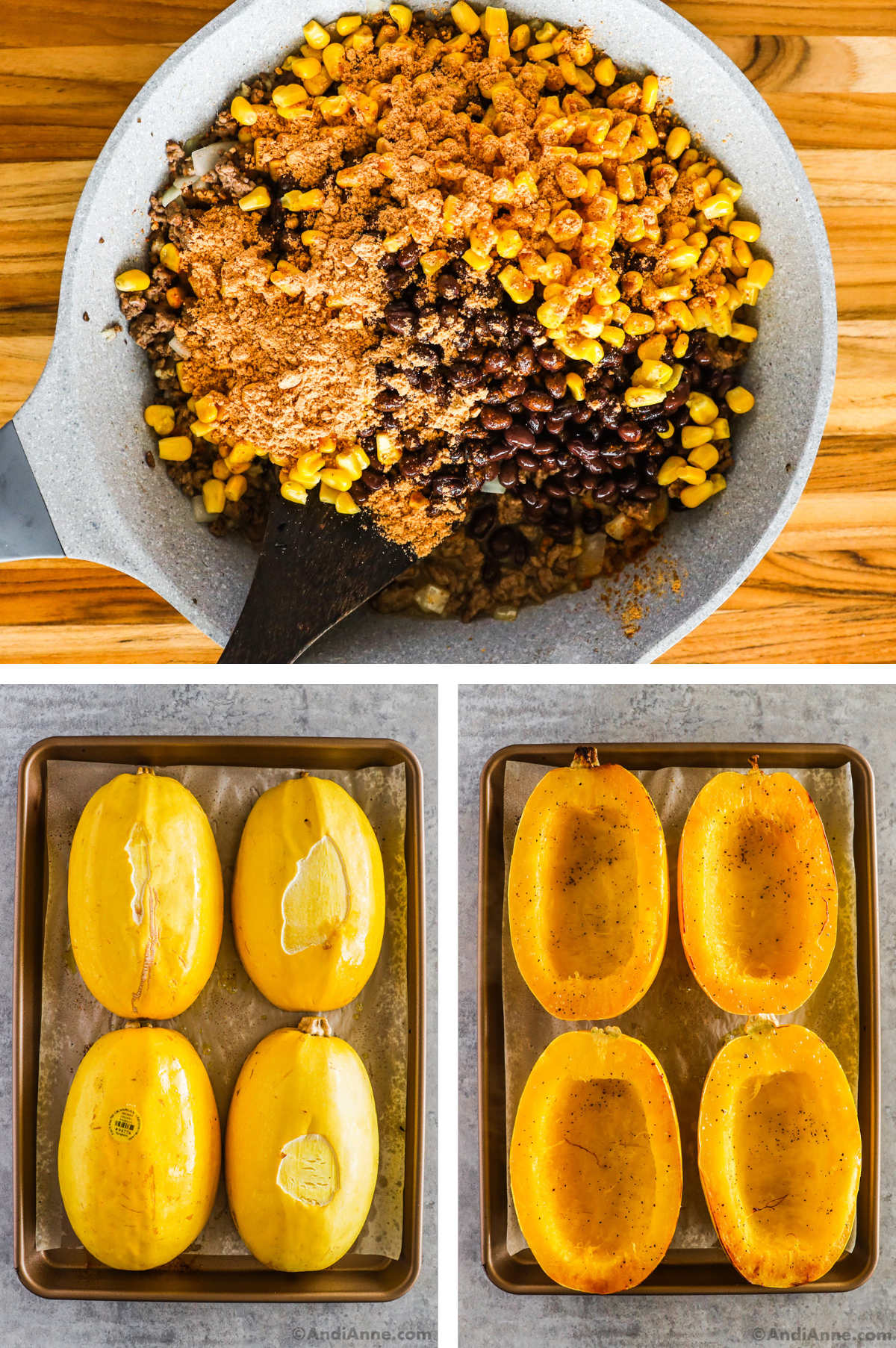 Three overhead images in one: 1. Black beans, corn, taco mix and water are added to the ground beef in a frying pan. 2. Four squash halves are removed from oven, facing down on baking sheet. 3. Four halves have been flipped over to show inside of squash. 