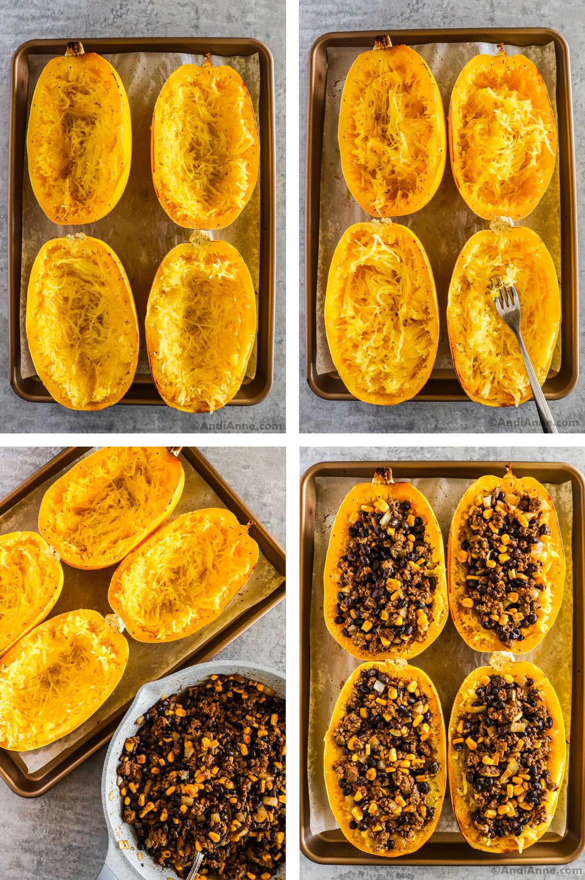 Four overhead images in one: 1. Squash halves have been forked so that strands are loosened. 2. Strands in squash halves have been piled into middle of each squash half. 3. image of ground beef mixture in pan next to four squash halves on baking sheet. 4. Ground beef mixture has been evenly added to each squash half. 