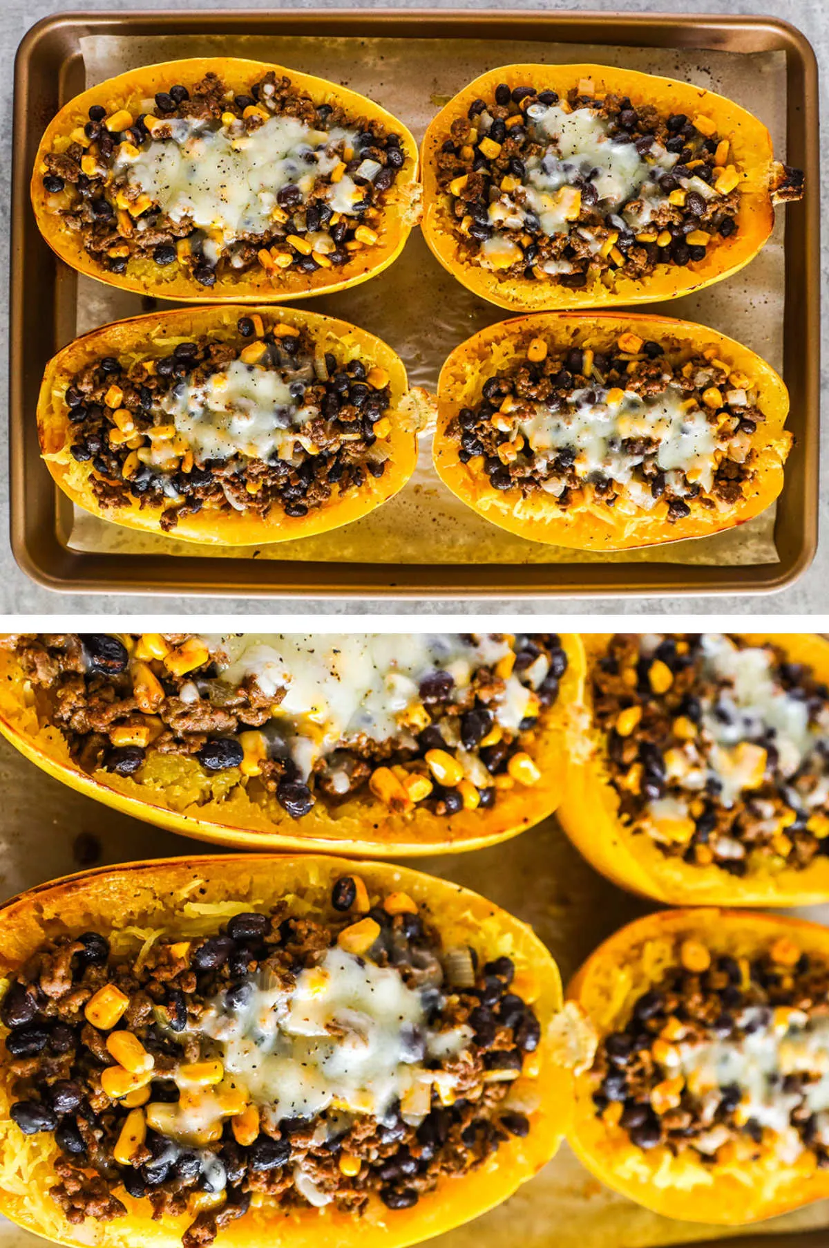 Two overhead images in one: 1. Four squash halves with white cheese baked into ingredients. 2. Closeup of finished squash halves with baked cheese and browned corn, beef and black beans. 
