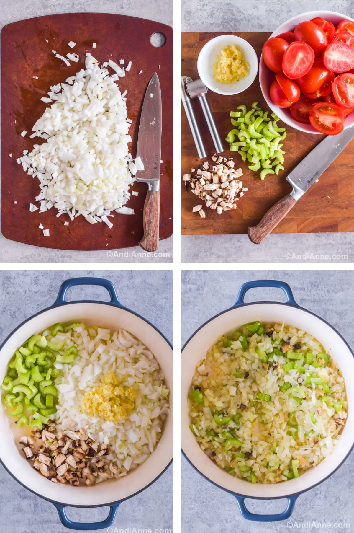 Four images in one: 1. Onions chopped on cutting board with chef knife. 2. Celery and mushrooms chopped on cutting board, garlic minced in white bowl, tomatoes chopped in half in bowl. 3. All above ingedients in pot. 4. All above ingredients cooked in pot. 