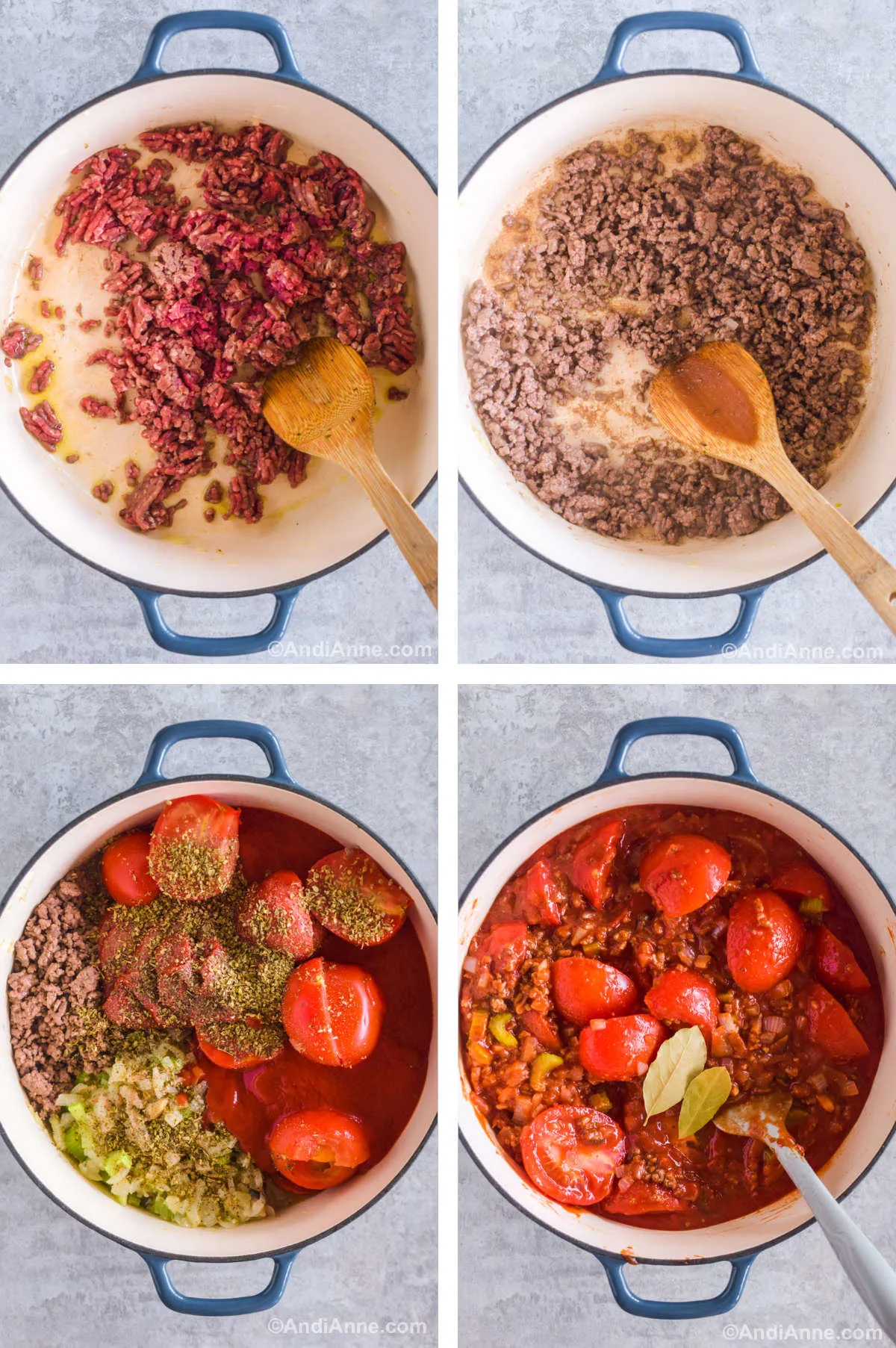 Four images in one: 1. Raw ground beef in pot. 2. Cooked ground beef in pot. 3. All vegetables, ground beef, tomatoes, sauce, tomato paste and herbs in pot. 4. All ingredients combined in pot. 