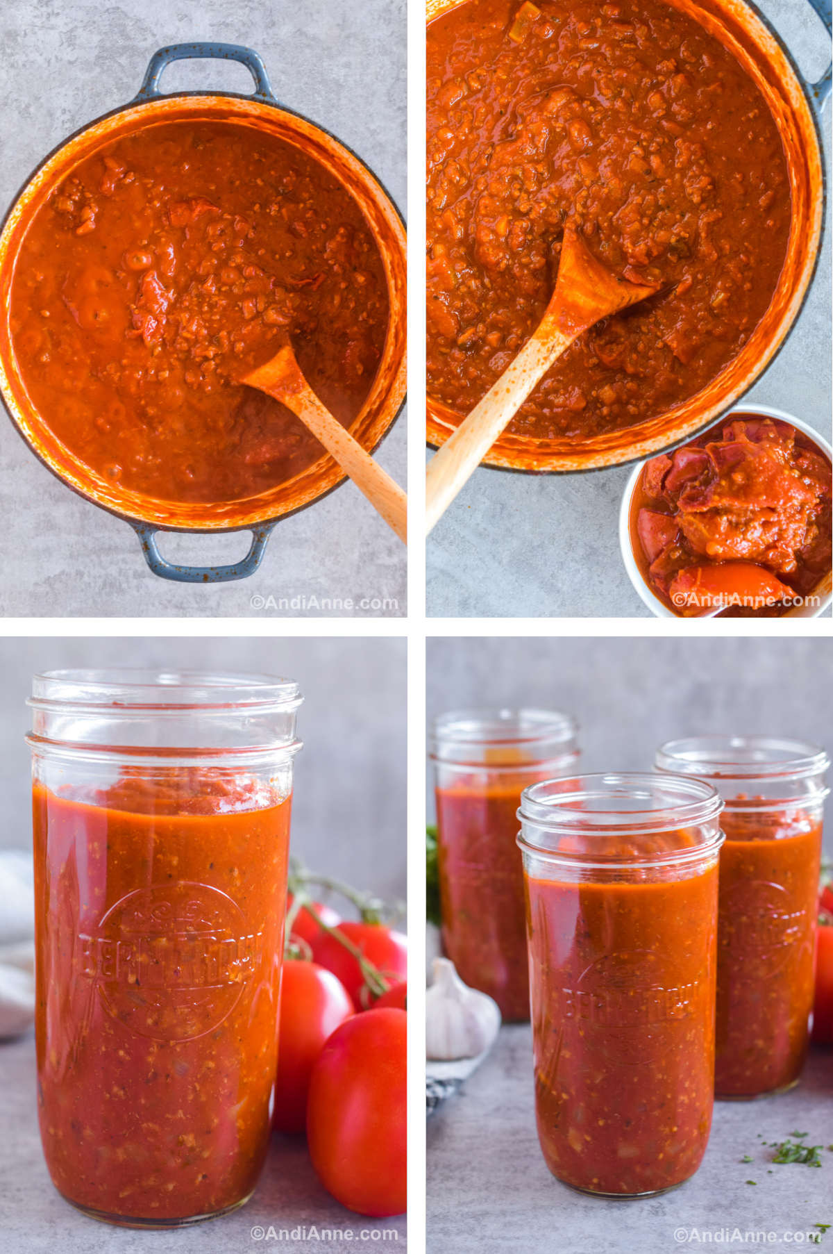 Four images in one: 1. All ingredients fully cooked and mixed in pot. 2. Closeup of finished sauce, tomato skins and cores in a separate bowl. 3. Mason jar filled with sauce. 4. Three mason jars filled with sauce. 