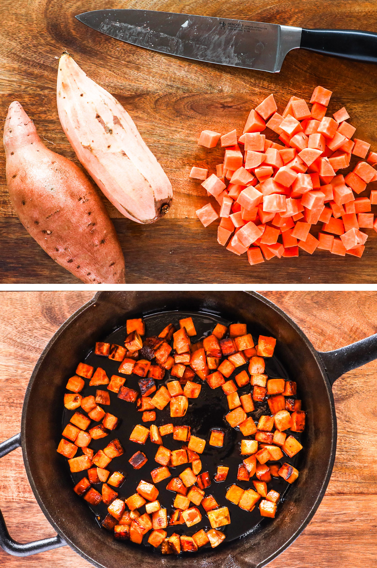 Chopped sweet potato on a cutting board, and cooked cubed sweet potato in a skillet.