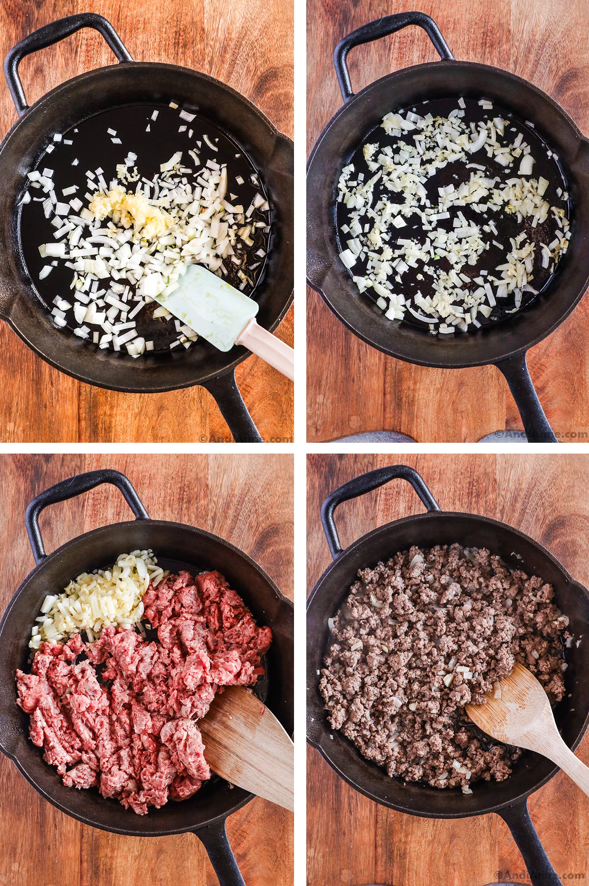 Four images grouped together. First two of chopped onion. Second is raw ground beef and onion, last is cooked ground beef with onion in skillet.