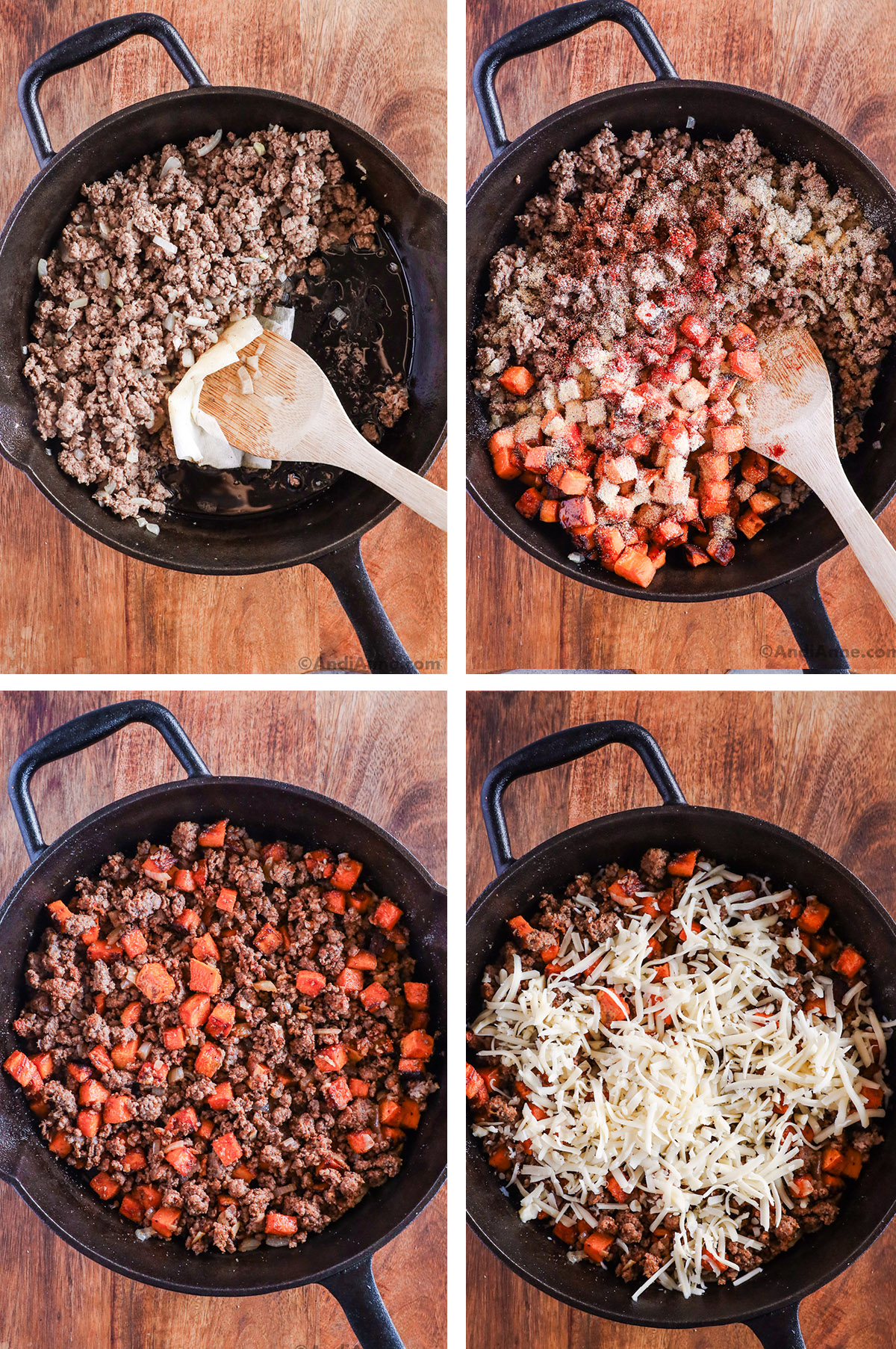 Four images grouped together. First is ground beef, second adds sweet potato and spices, third is everything cooked and mixed together, fourth is melted shredded cheese on top.