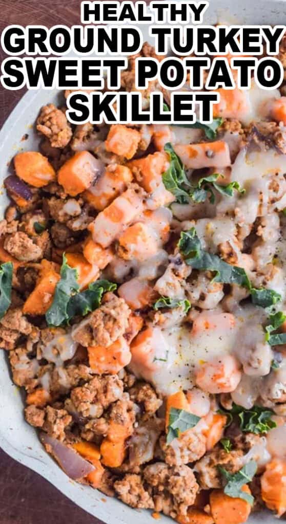 a frying pan of ground turkey sweet potato skillet
