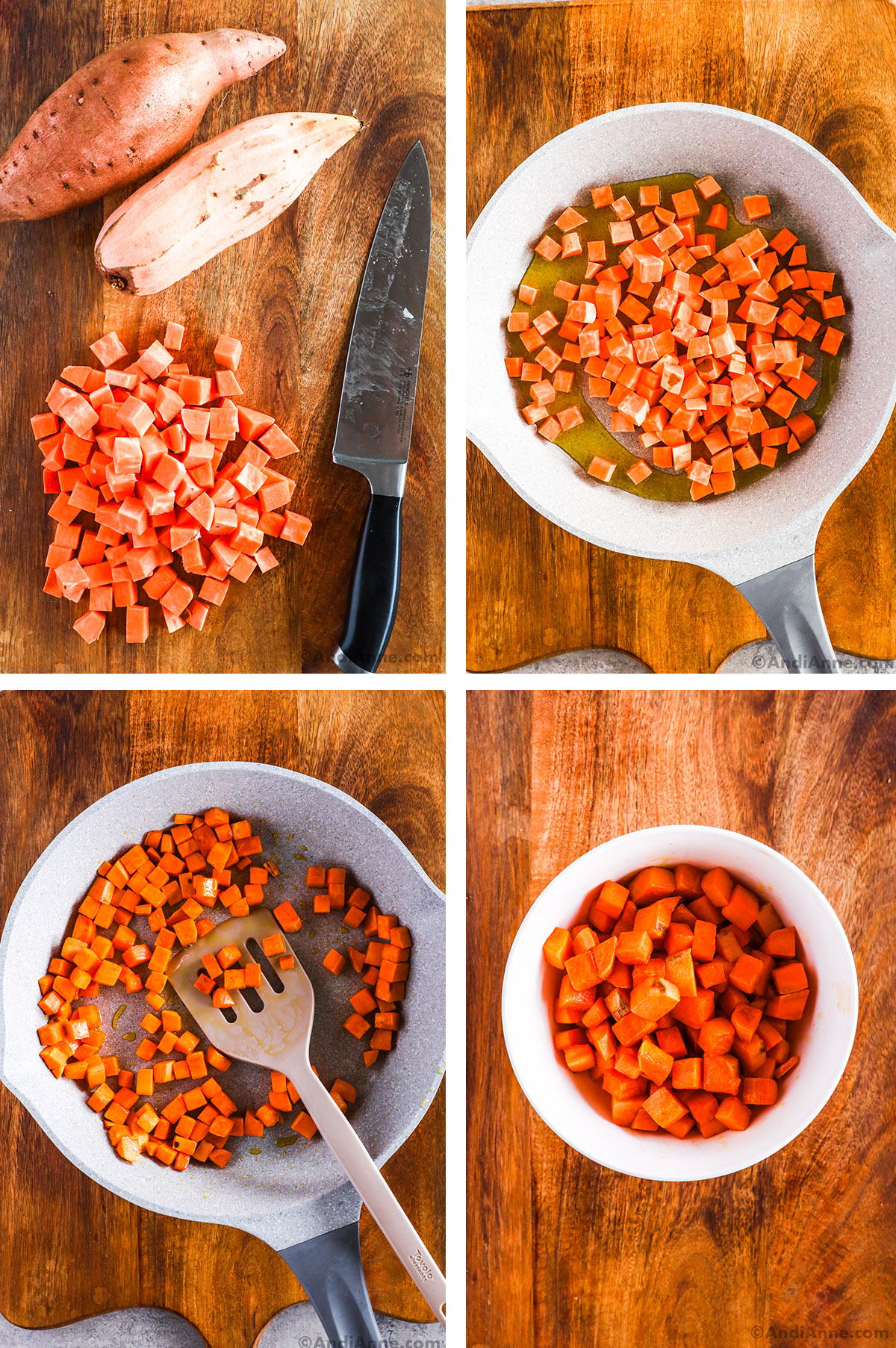 Four images grouped together. First is chopped sweet potato on cutting board, next raw cubed sweet potato in a frying pan, third is cooked in pan, fourth is cooked in a bowl.