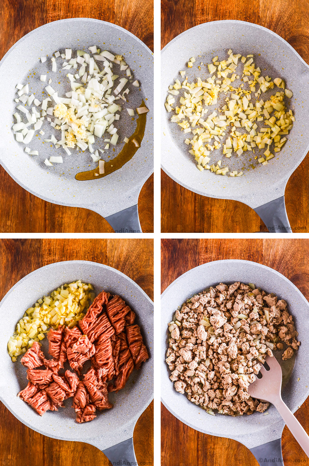 Four images grouped together. First two are chopped onion and garlic in frying pan uncooked then cooked.Next two add ground turkey, first raw then crumbled and cooked.
