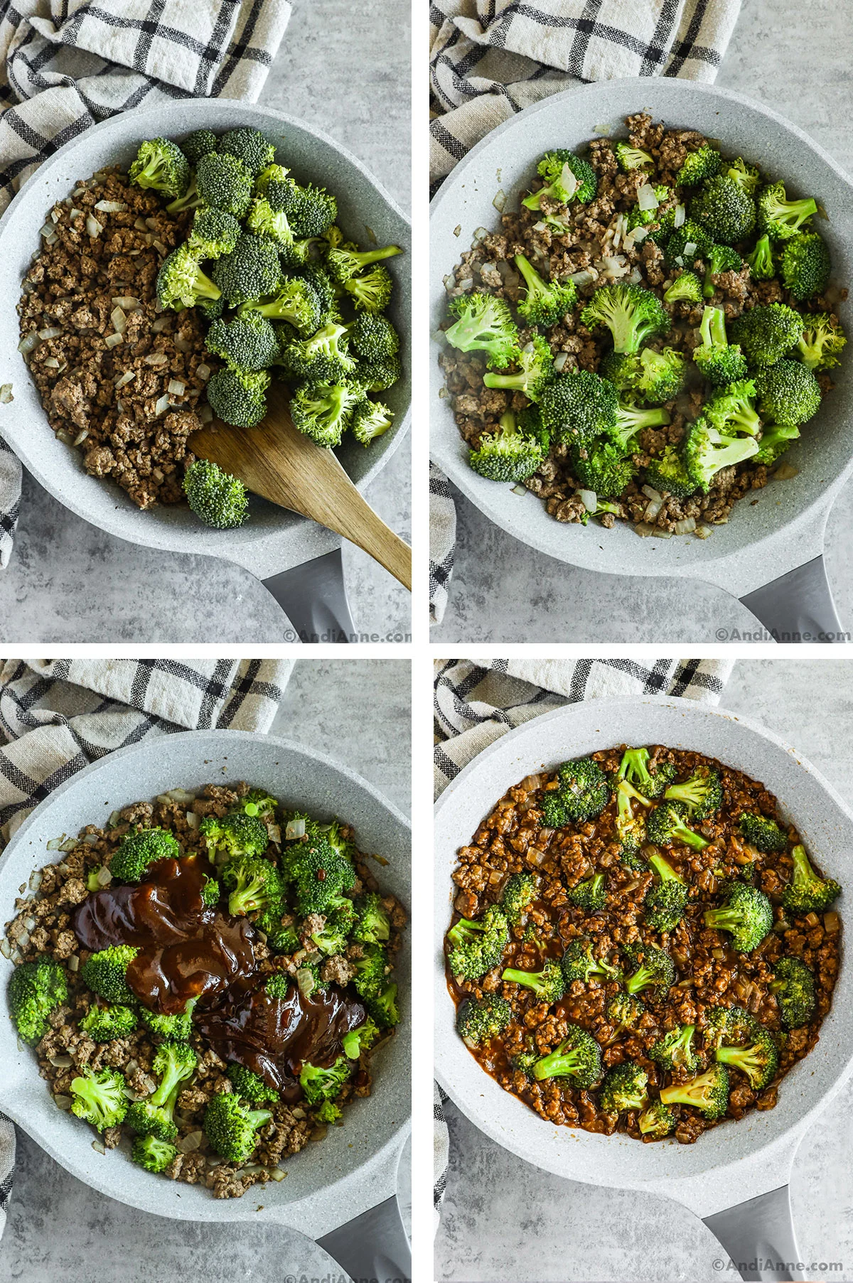 Four images of frying pan. First is ground beef and raw broccoli florets. Second is ground beef and broccoli florets mixed together in pan. Third has sauce dumped on top of broccoli ground beef. Last image is final ground beef broccoli mixture in honey garlic sauce.