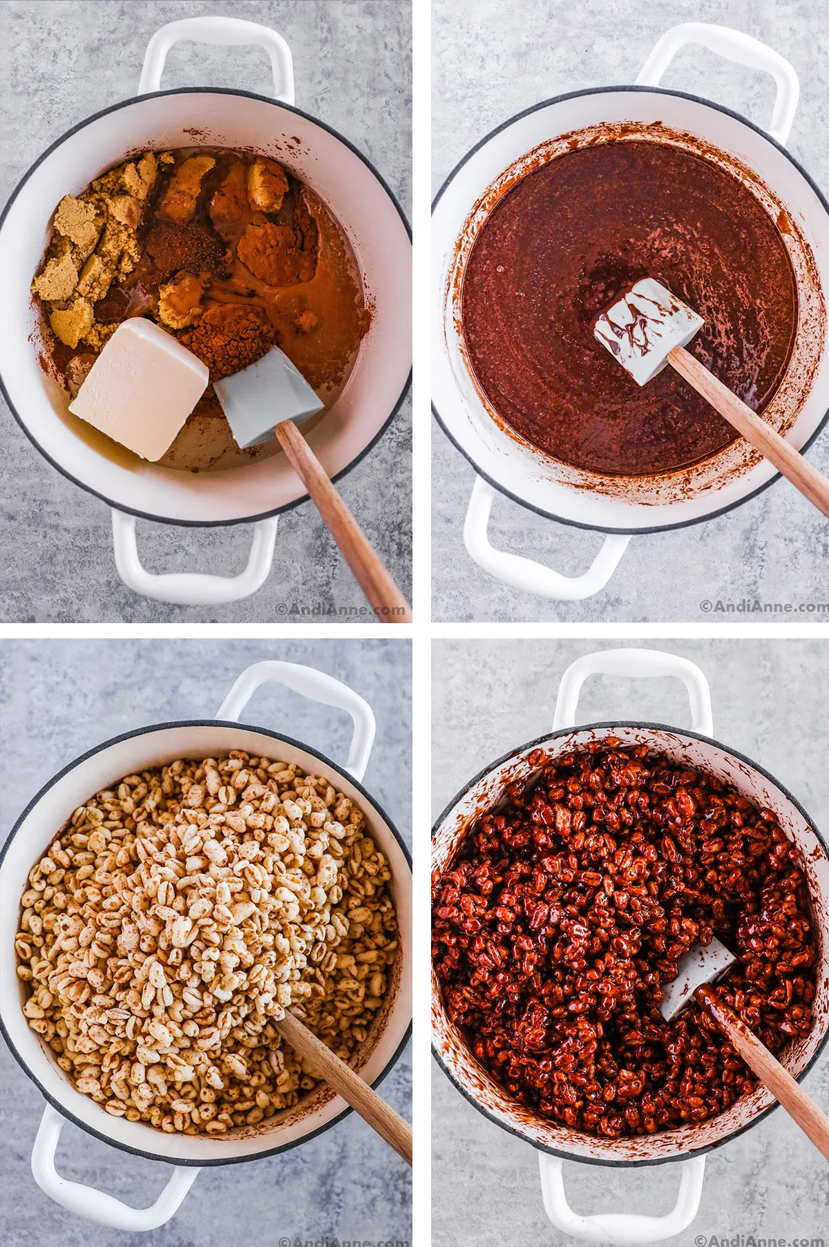 Four images grouped together of a pot. First two are sugar, cocoa, butter and corn syrup, unmixed and then mixed to a chocolate liquid. Last two have puffed wheat dumped in, first unmixed and then mixed to be a covered in chocolate.