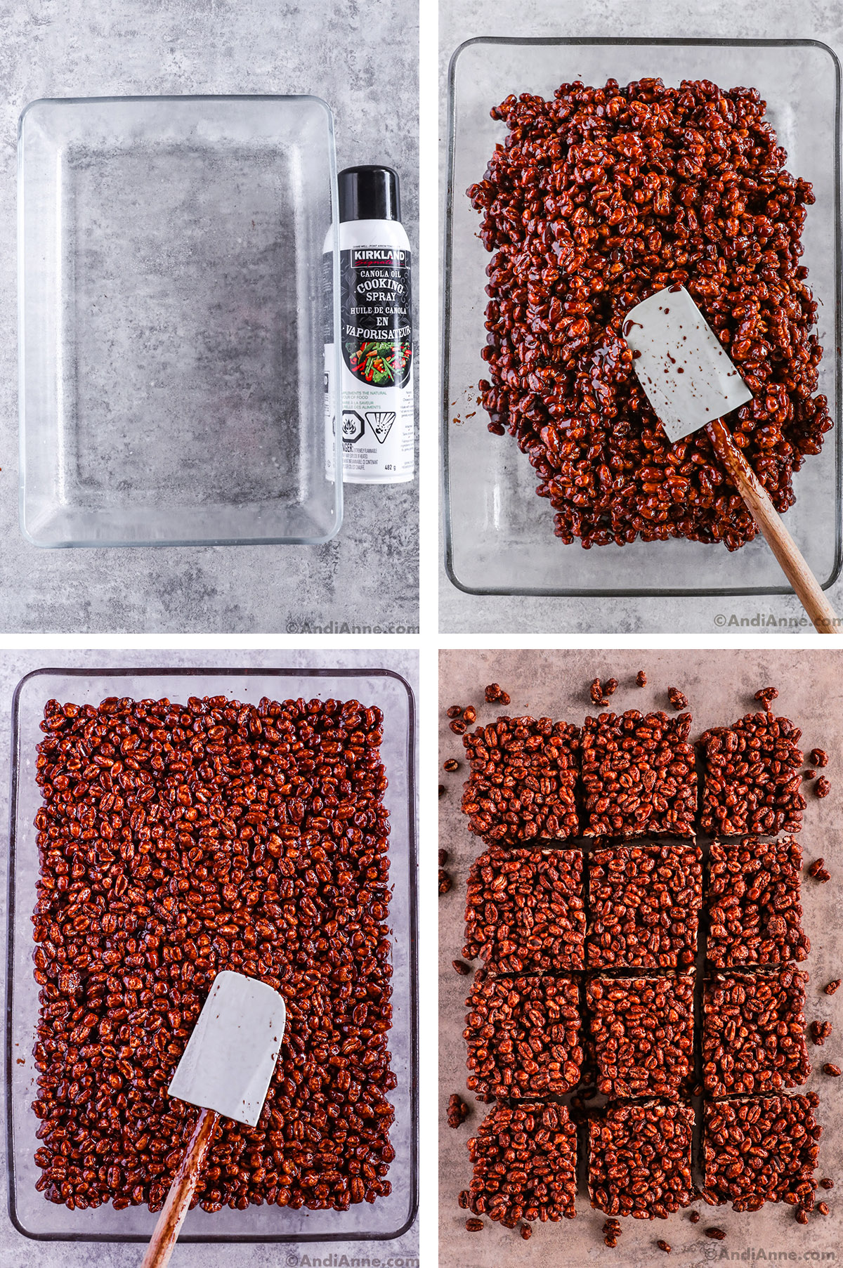 Four images grouped together. First one is clear casserole, second is chocolate puffed wheat mixture with spatula, third is puffed wheat mixture packed into casserole. Fourth is squares cut for puffed wheat.