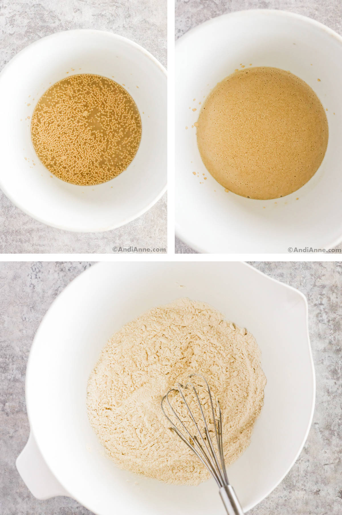 Bowl of yeast and bowl of dry ingredients