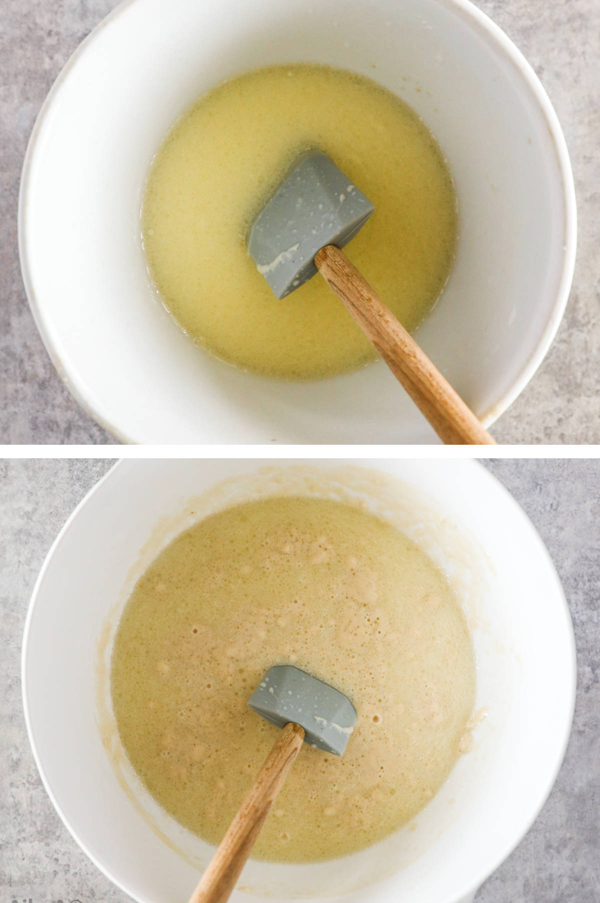 Two overhead images in one: 1. A small bowl with milk, sugar and vegetable oil and a spatula. 2. The large bowl of yeast and flour mixtures with milk, sugar and vegetable oil dumped into it. 
