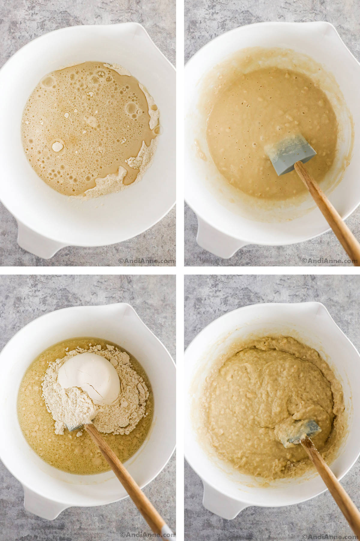 One image containing four overhead images. 1. White bowl with all ingredients and unmixed flour inside. 2. White bowl with mixed flour inside.
3. White bowl with ingredients and one more cup of flour added, unmixed. 4. The 1 cup of flour is mixed in.  