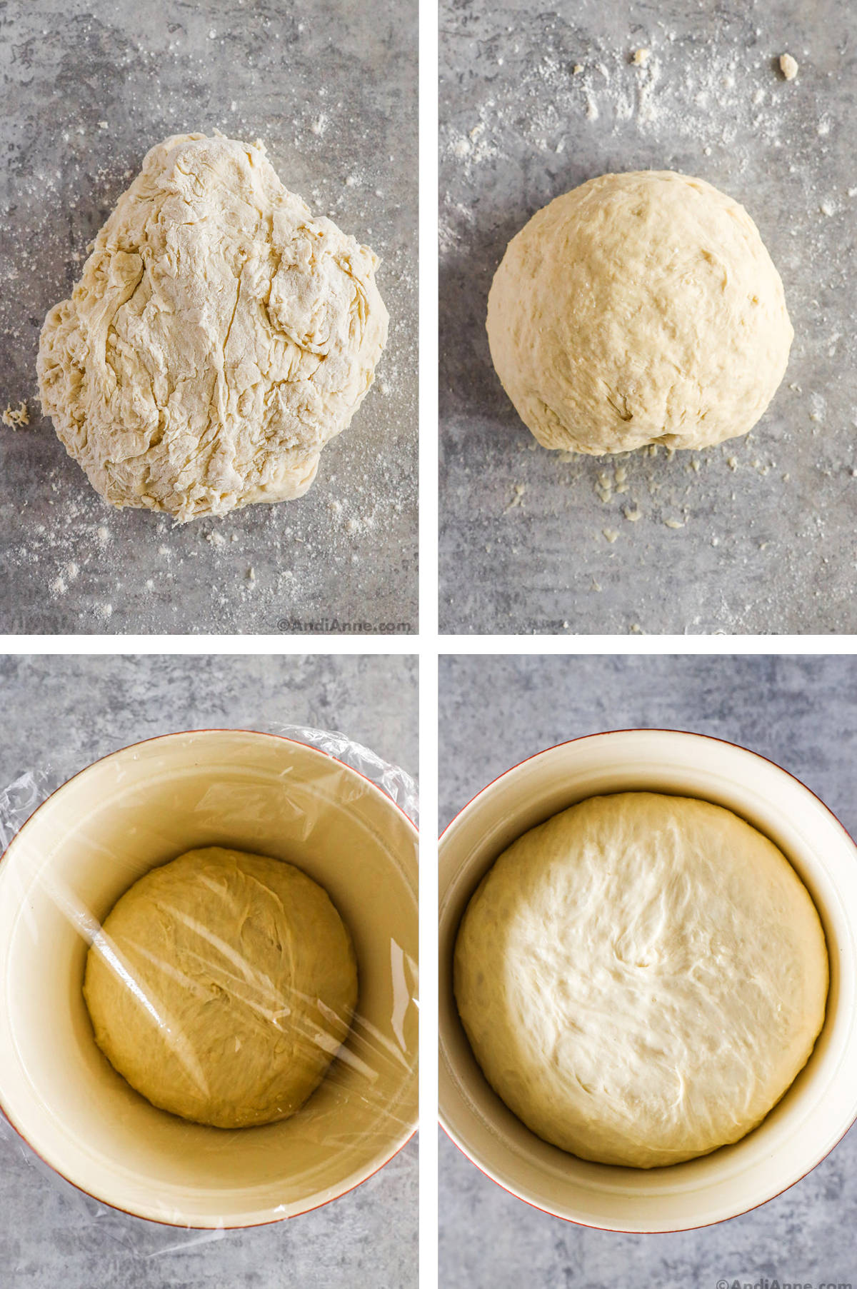 Four images in one: 1. Dough is added to tabletop and kneaded. 2. Dough is in a ball. 3. dough is in a bowl with saran wrap on top. 4. Dough has doubled in size in bowl. 