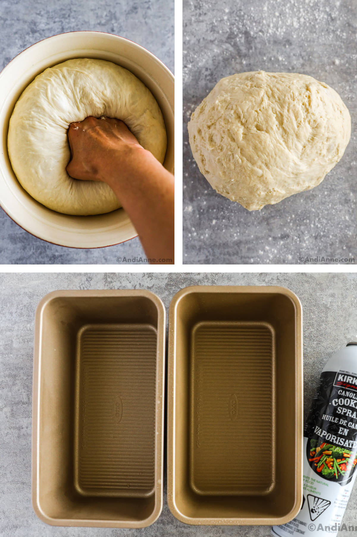 Three overhead images in one: 1. Dough being kneaded in a bowl. 2. Ball of dough on table top with flour sprinkled around it. 3. Two loaf pans with a can of Canola oil cooking spray beside them to the right. 