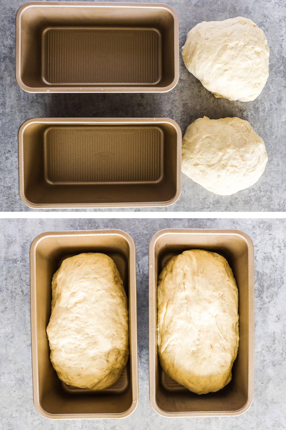 Two overhead images in one: 1. Two loaf pans with a ball of dough beside each one. 2. Each ball of dough has been placed into each loaf pan and stretched to fit. 