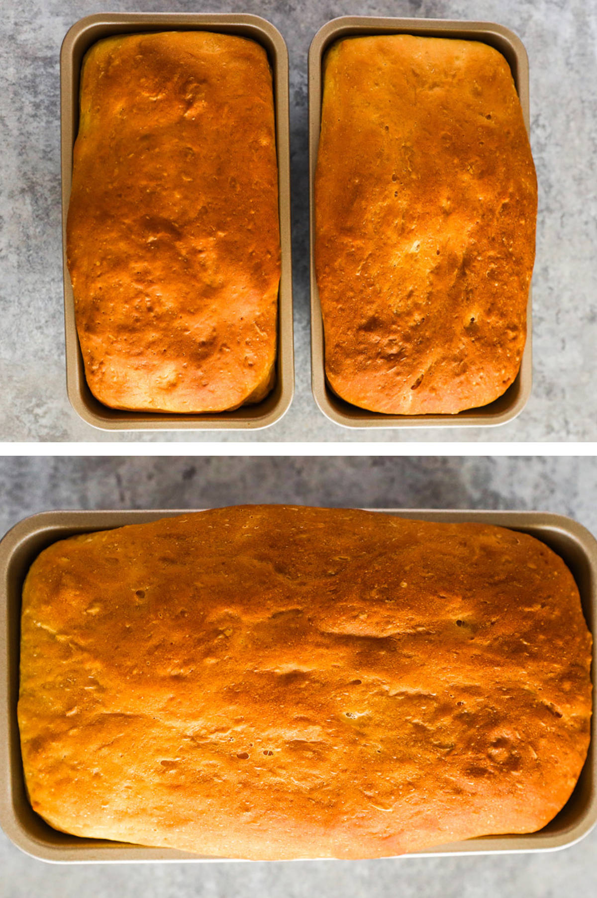 Two overhead images in one: 1. Two golden brown loaves in two pans. 2. Closeup of one of the baked loaves in the pan. 