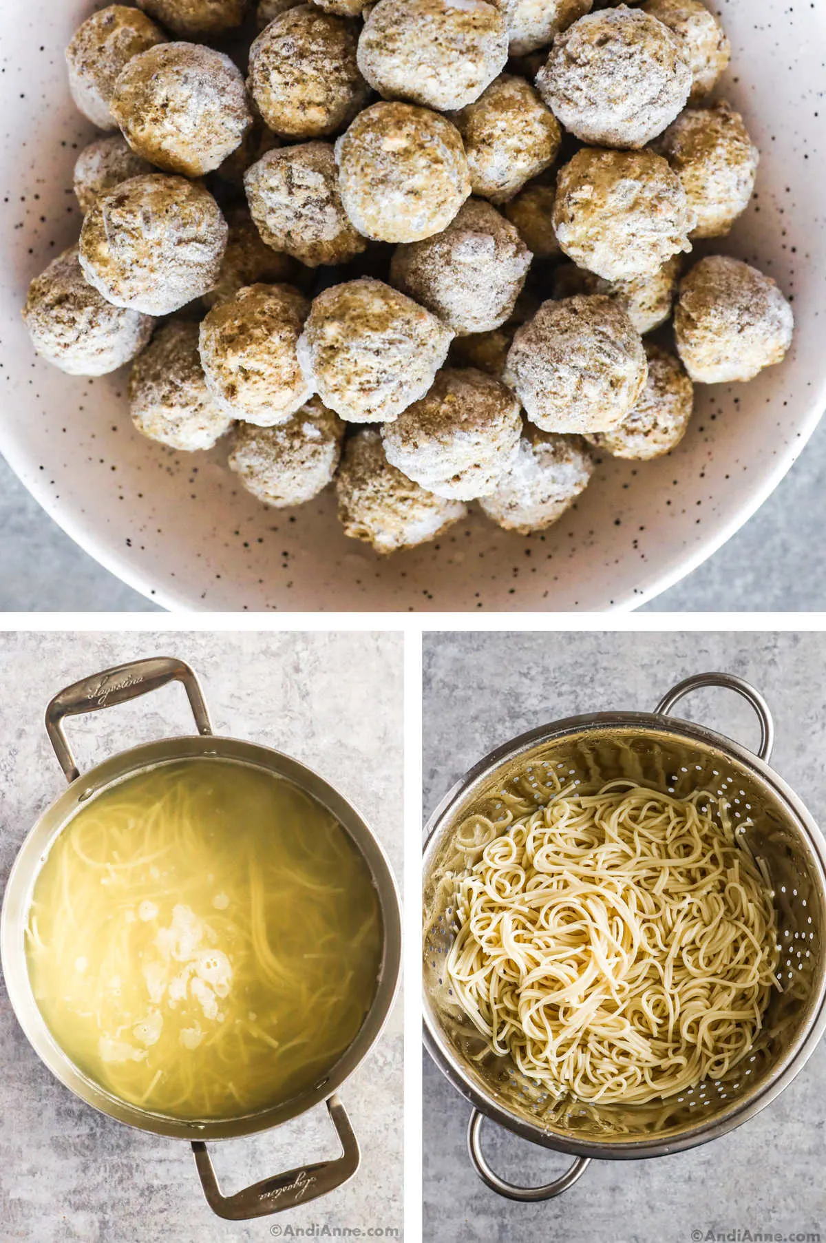 Three overhead images in one: 1. Frozen meatballs in a white bowl. 2. Cooked spaghetti in a silver pot with water. 3. Cooked spaghetti in strainer.