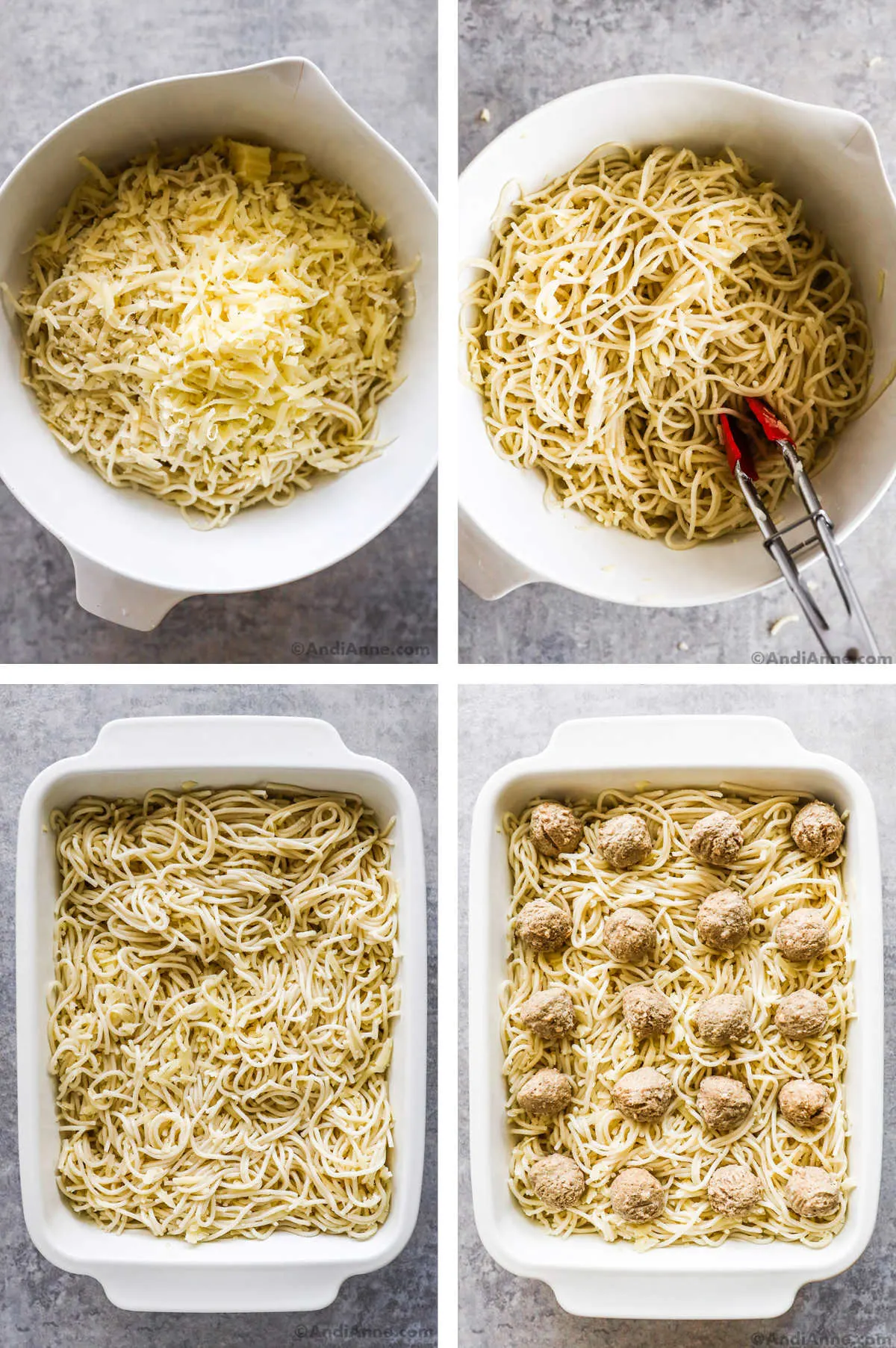 Four overhead images in one: 1. Spaghetti in white bowl with chees on top. 2. Spaghetti and cheese mixed in white bowl with tongs inside. 3. Mixed cheese and spaghetti in white casserole dish. 4. Meatballs added to casserole dish, on top of spaghetti. 