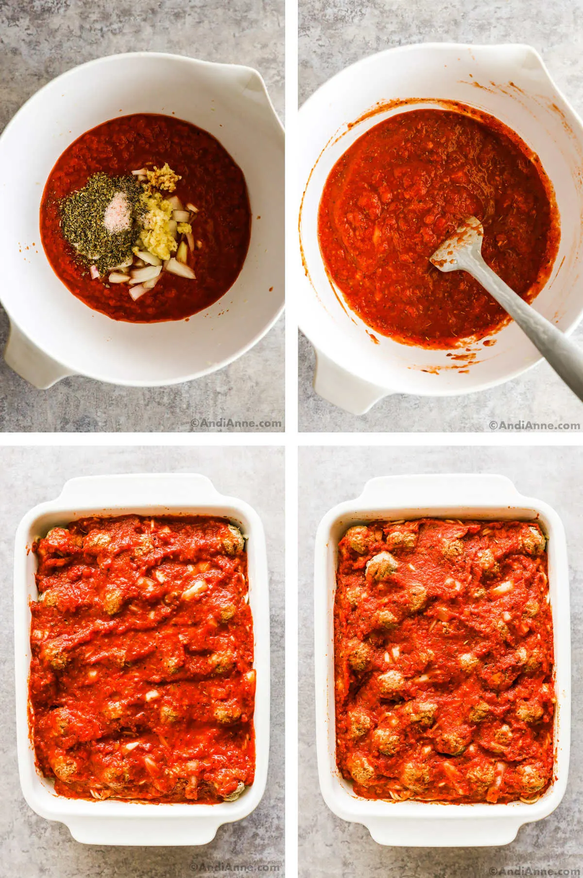 Four overhead images in one: 1. Marinara sauce and spices are added to a white bowl. 2. Marinara sauce and spices are mixed in a white bowl. 
 3.Marinara sauce onion and spices are added to spaghetti and meatballs in casserole dish. 4. Casserole has been removed from the oven. 3. 