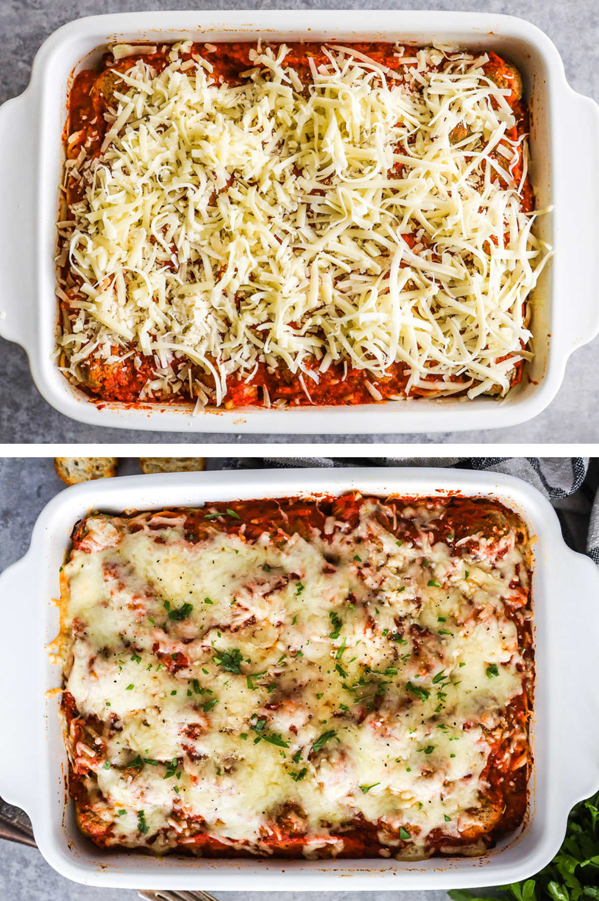 Two overhead images in one: 1. Cheese is added to the top of cooked spaghetti and meatballs. 2. Spaghetti and meatballs have melted cheese on top garnished with parsley. 