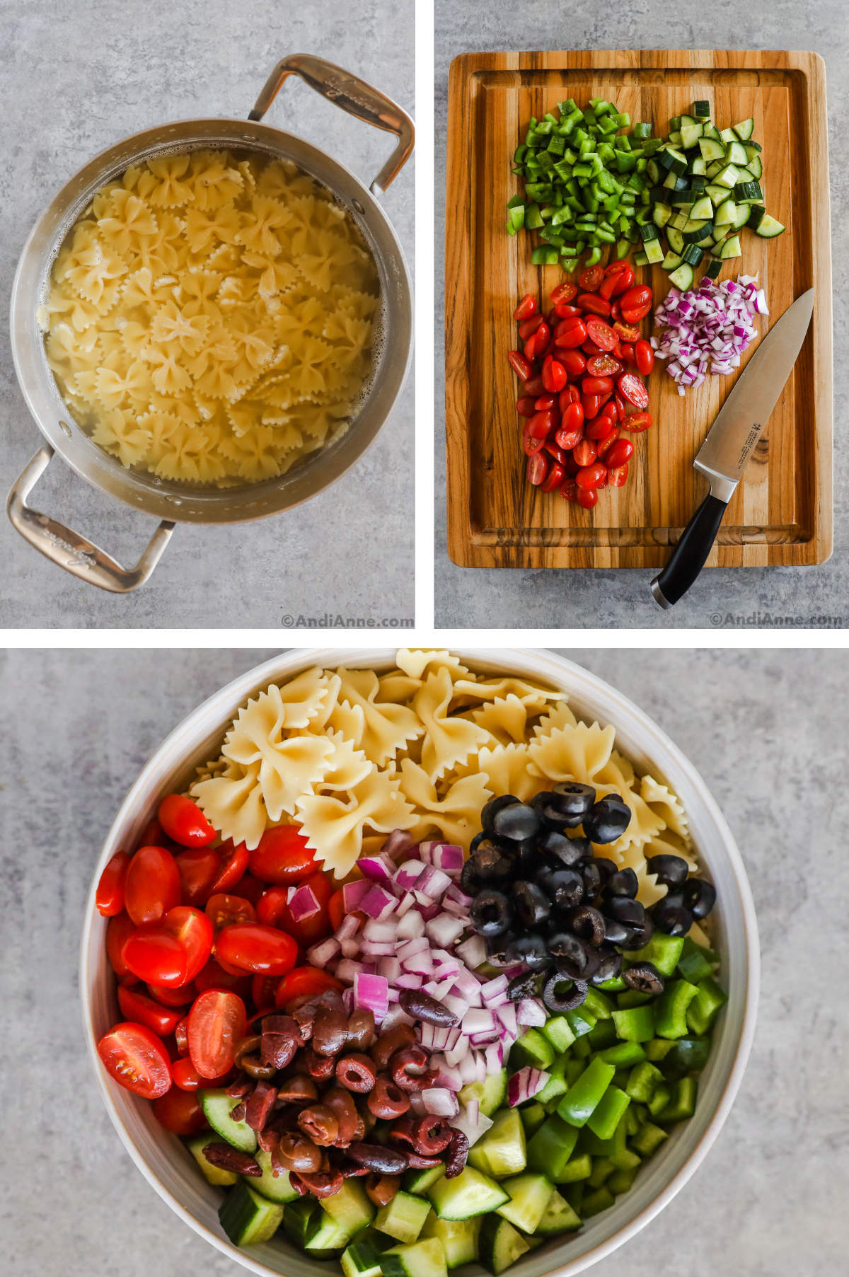 Three overhead images in one: 1. Pasta in pot with water. 2. Tomato, bell pepper, cucumber and onion chopped on cutting board with chef knife to the side. 3. All the ingredients added to a large white ceramic bowl.