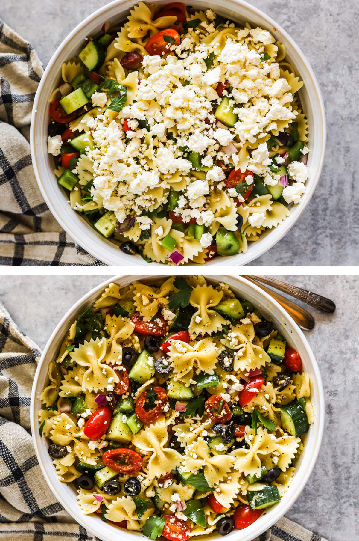 Two overhead images in one. 1. Crumbled feta on top of salad. 2. Feta mixed in with all other ingredients. 