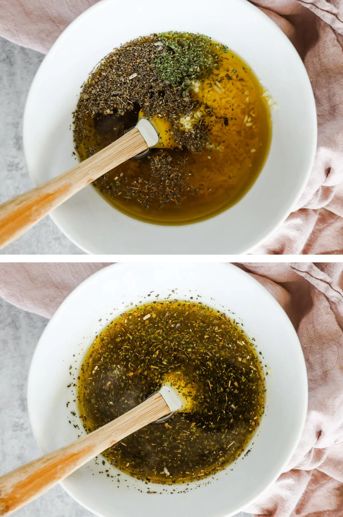 Two overhead images in one: 1. Ingredients in a bowl to make Italian salad dressing recipe. 2. Ingredients mixed in bowl with spatula.