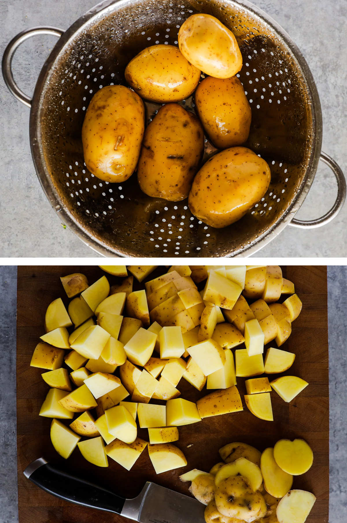 Two overhead images in one: 1. Rinsed potatoes in metal strainer. 2. Chopped potatoes on cutting board with chef knife at bottom of image. 