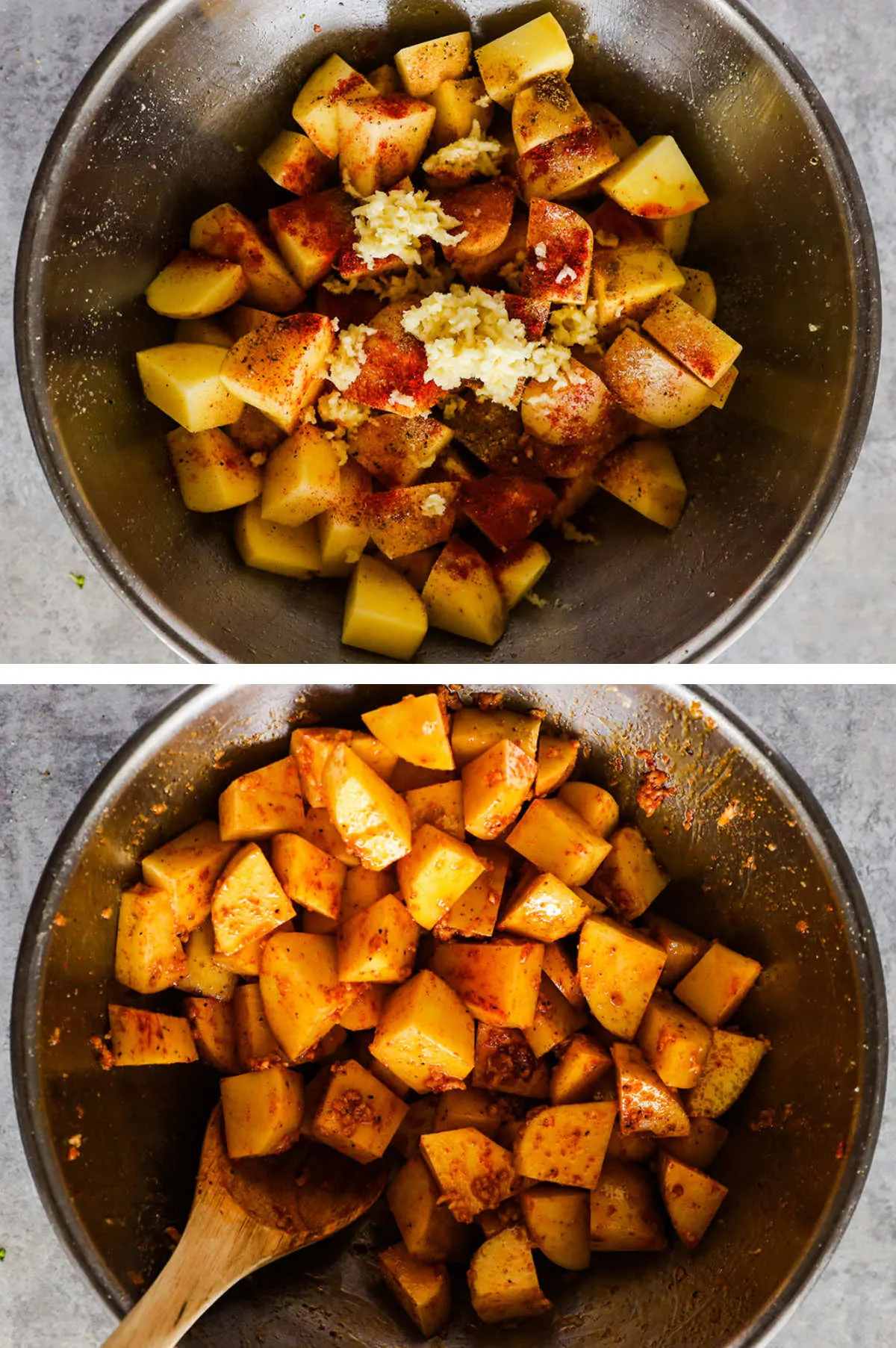 Two overhead images in one: 1. Chopped potatoes in metal bowl with all the spices and minced garlic on top. 2. Garlic and all spices have been mixed thoroughly with potatoes. A wooden spoon sits in the bowl.