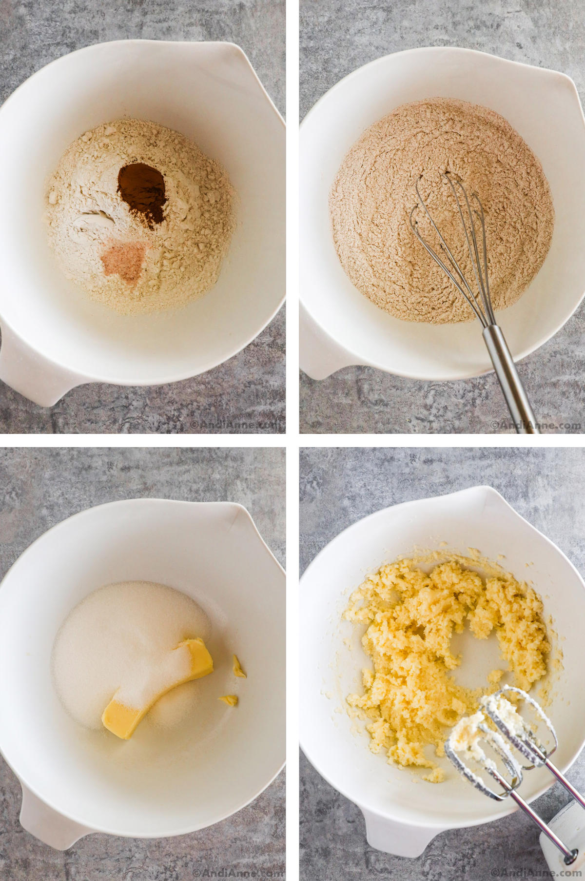 Four overhead images in one: 1. Flour,  baking powder, cinnamon and salt in a white bowl. 2. Ingredients are mixed with whisk. 3. Butter and sugar in a separate white bowl. 4. Butter and sugar are mixed with hand mixer. 