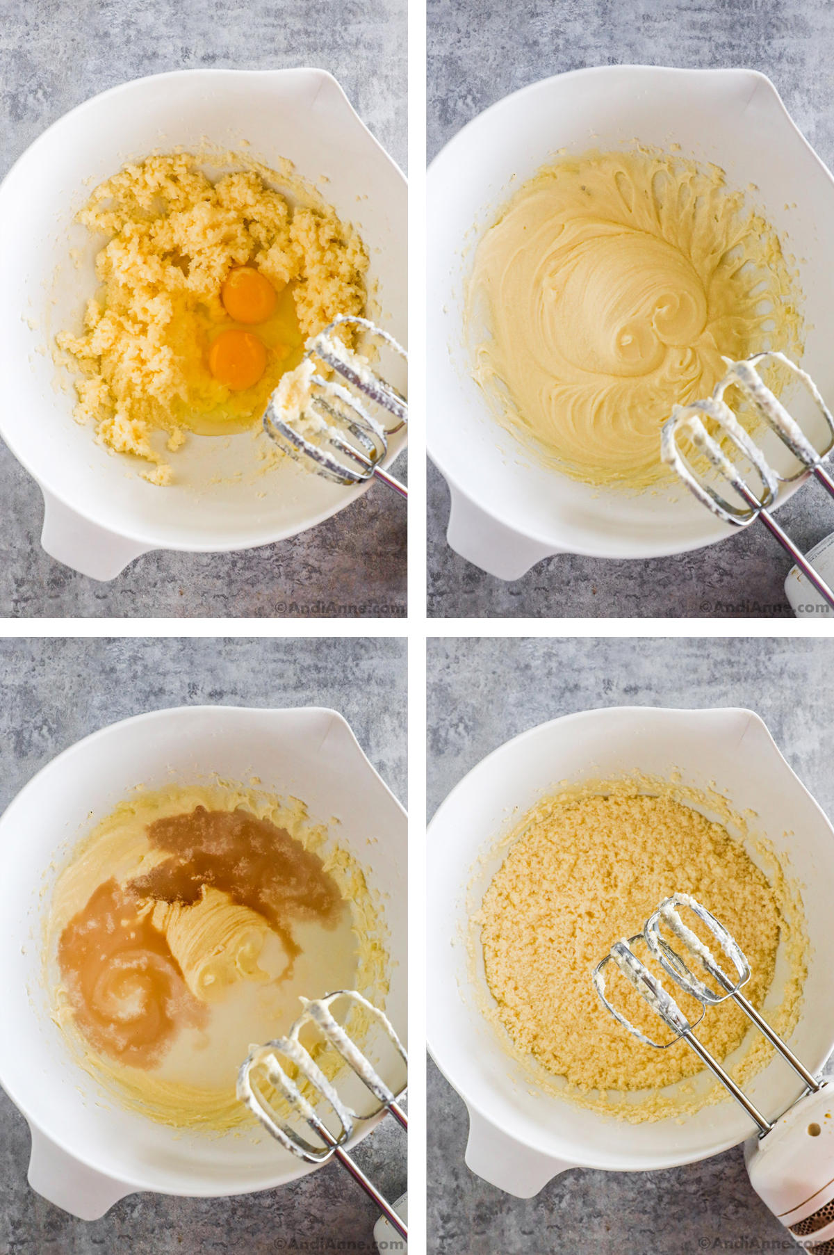 Four overhead images in one: 1. Two eggs are added to butter sugar mixture. 2. Mixture is mixed with hand mixer. 3. Milk and vanilla are added to the bowl. 4. Everything is mixed with hand mixer again. 