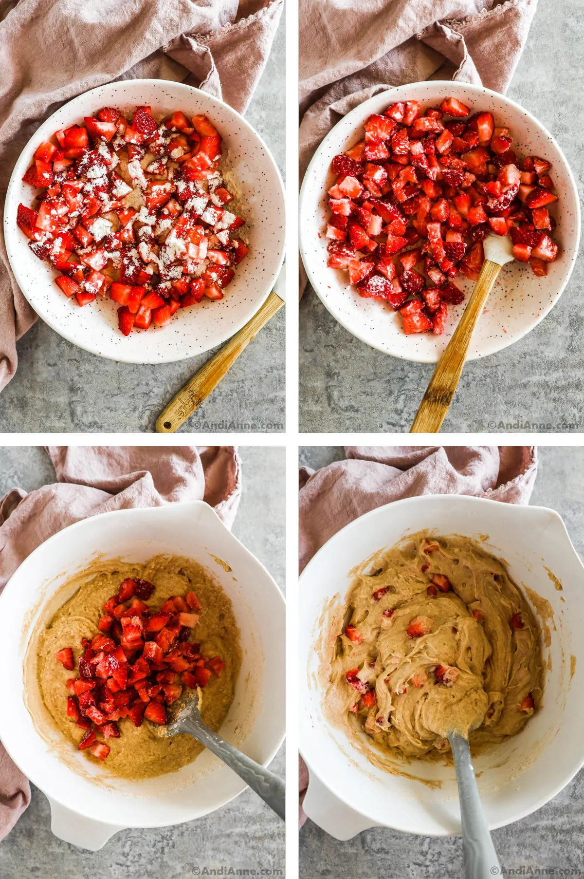 Four overhead images in one: 1. Flour is added to sliced strawberries in a shallow white bowl. 2. Strawberries are mixed with flour. 3. Strawberries are added to batter in large white bowl. 4. Strawberries are folded into. batter with spatula. 