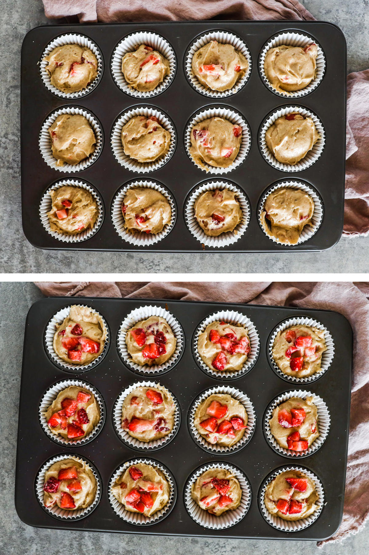 Two overhead images in one: 1. Batter is added to paper cups in muffin tin. 2. Strawberry slices are sprinkled on top of each one. 