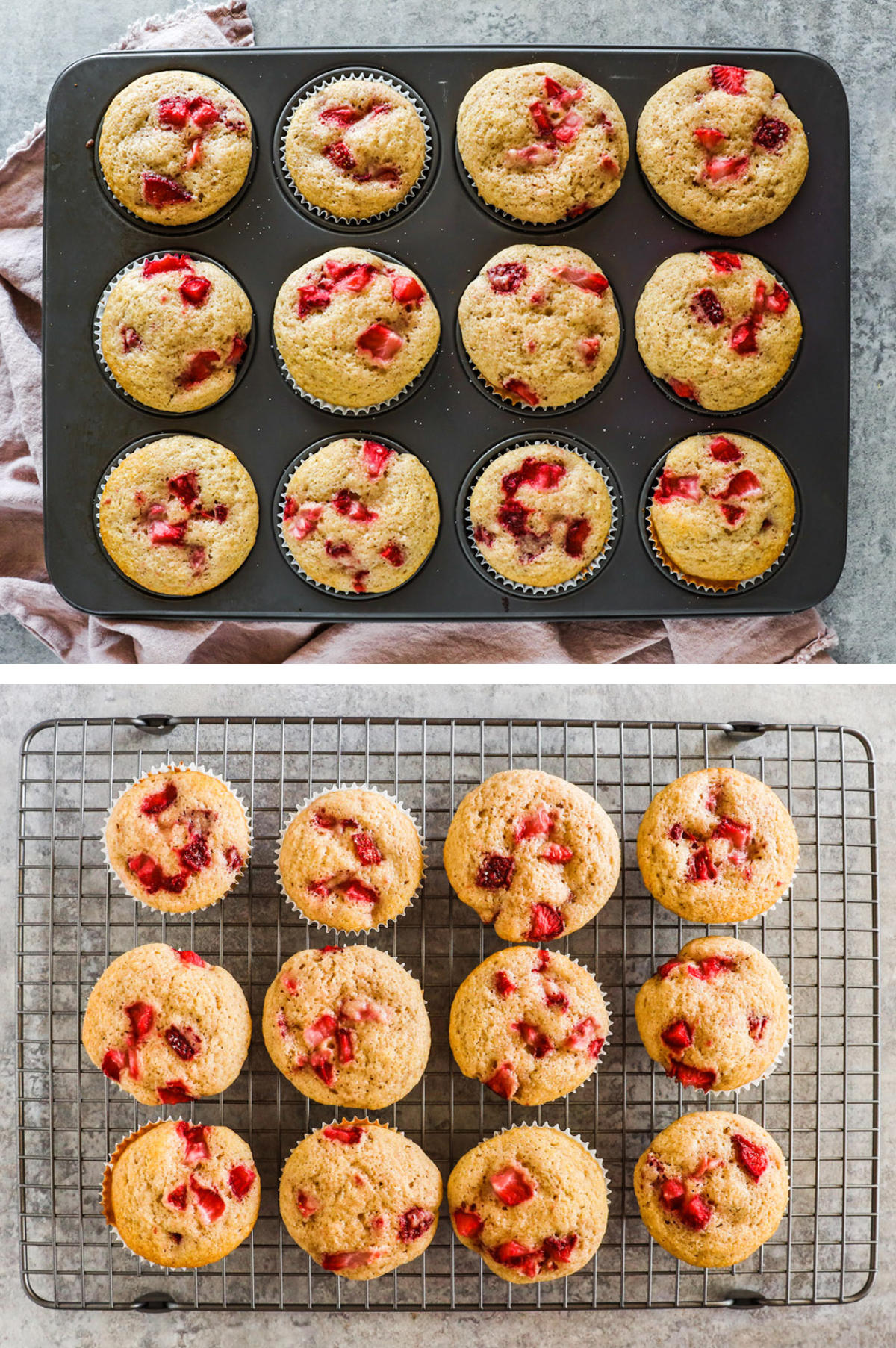 Two overhead images in one: 1. Muffins are cooked and resting in muffin tin. 2. Cooked muffins are placed on rack to finish cooling. 