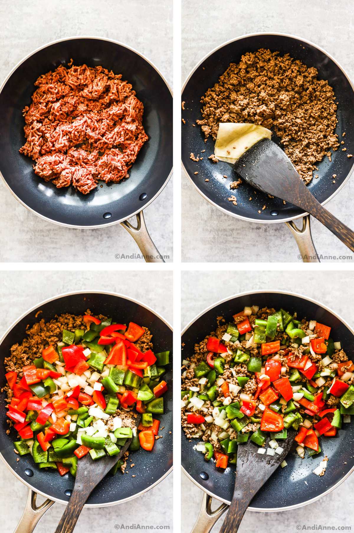 Four overhead images in one: 1. Raw ground beef in frying pan. 2. Seared ground beef in frying pan with paper towel pushed by wooden spoon. 3. Vegetables added to beef in frying pan. 4. Vegetables cooked and mixed in with ground beef in frying pan. 