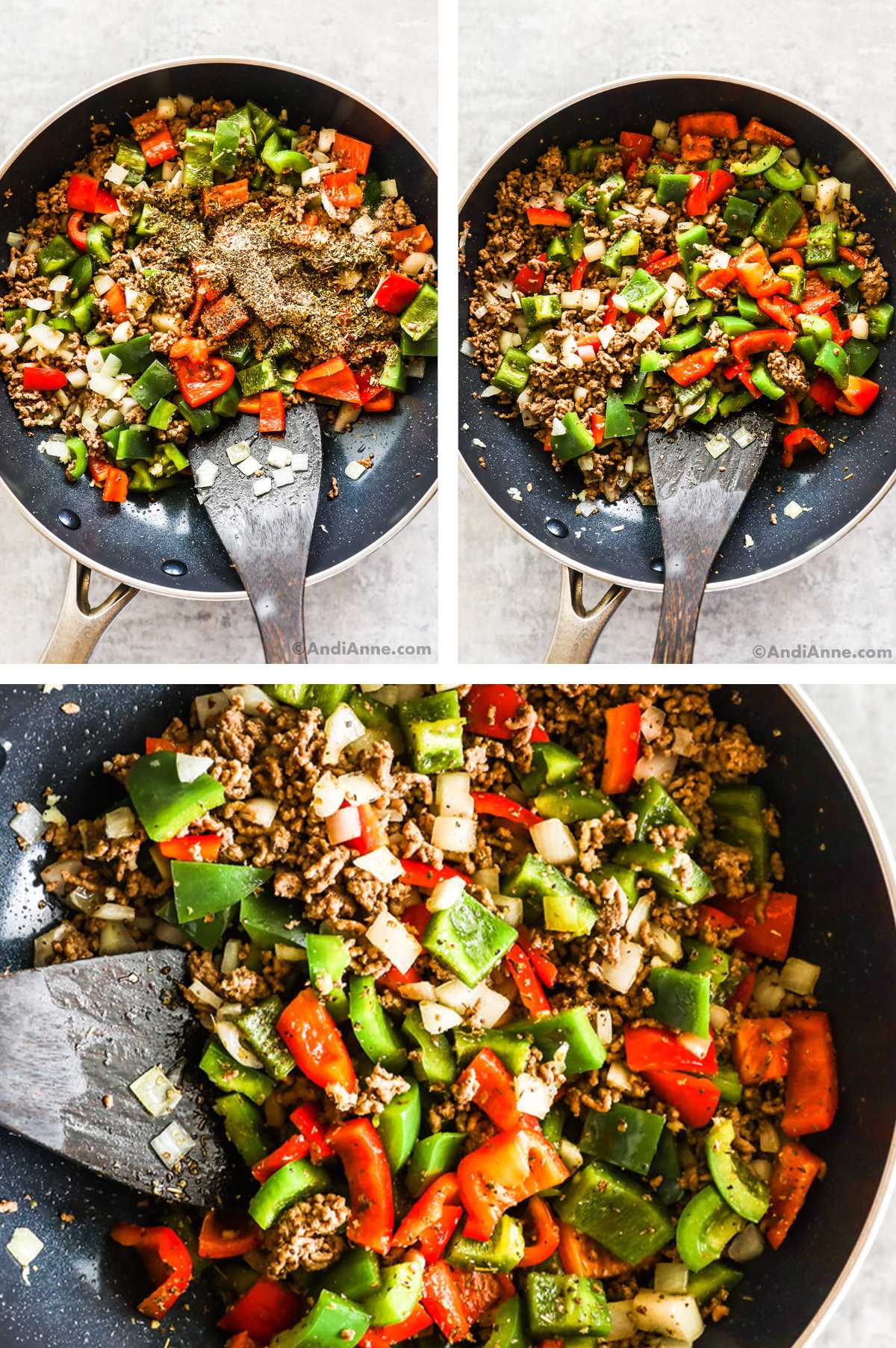 Three overhead images in one: 1. Spices added to beef and veggie mix in frying pan. 2. All ingredients mixed together. 3. Closeup of onions, bell peppers, spices and ground beef mixed and cooked. 