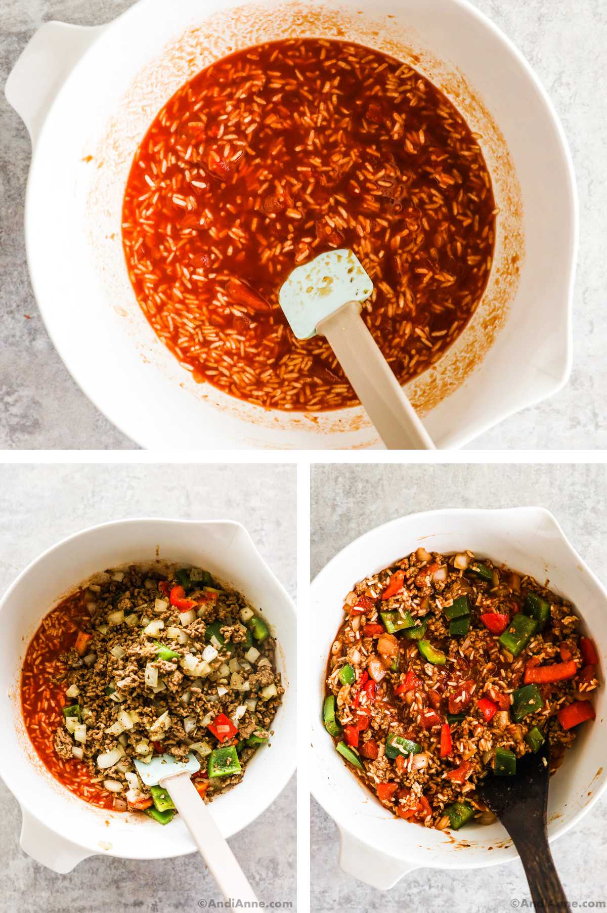 Three overhead images in one: 1. White bowl with beef broth, diced tomatoes, minute rice and tomato paste. 2. Beef and veggie mix is added to the white bowl. 3. All ingredients are mixed in white bowl.