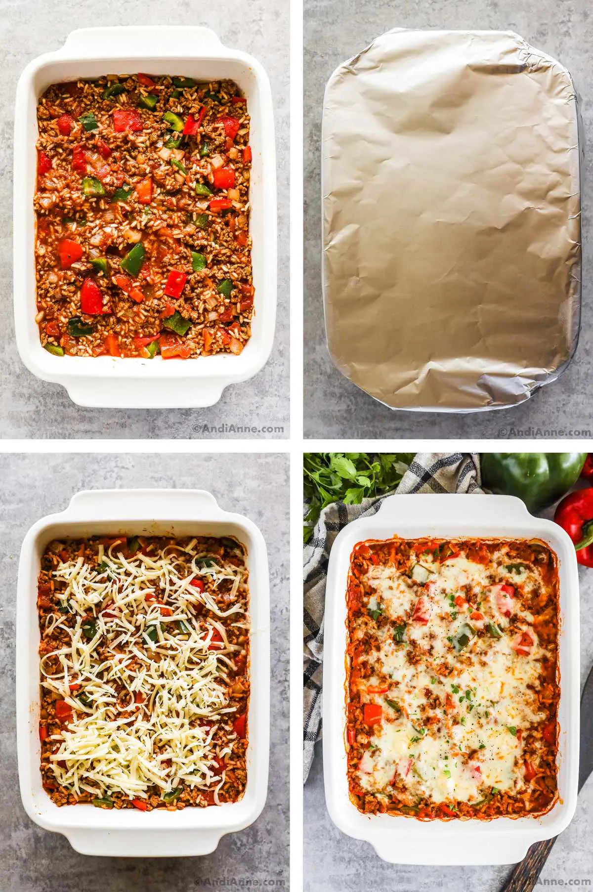 Four overhead images in one: 1. All ingredients are pressed flat in white casserole dish. 2. Casserole dish is covered with tin foil. 3. Cooked dish is removed from oven, tin foil is removed and cheese is added. 4. Finished casserole with melted cheese surrounded by fresh bell peppers, parsley and a wooden spoon.