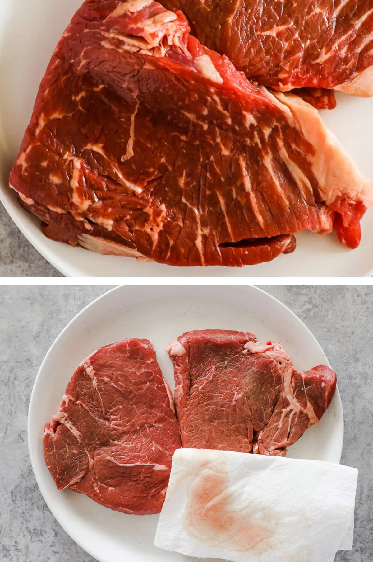 Two images in one: 1. Steaks on white plate at room temp. 2. Steaks on plate after being dried, paper towel sits on bottom right of image.
