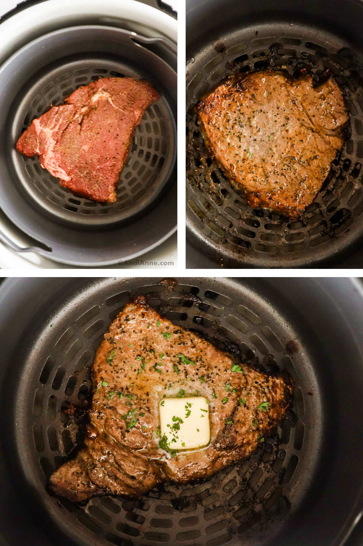 Air fryer basket with raw steak, then cooked steak, then seasoned with butter.