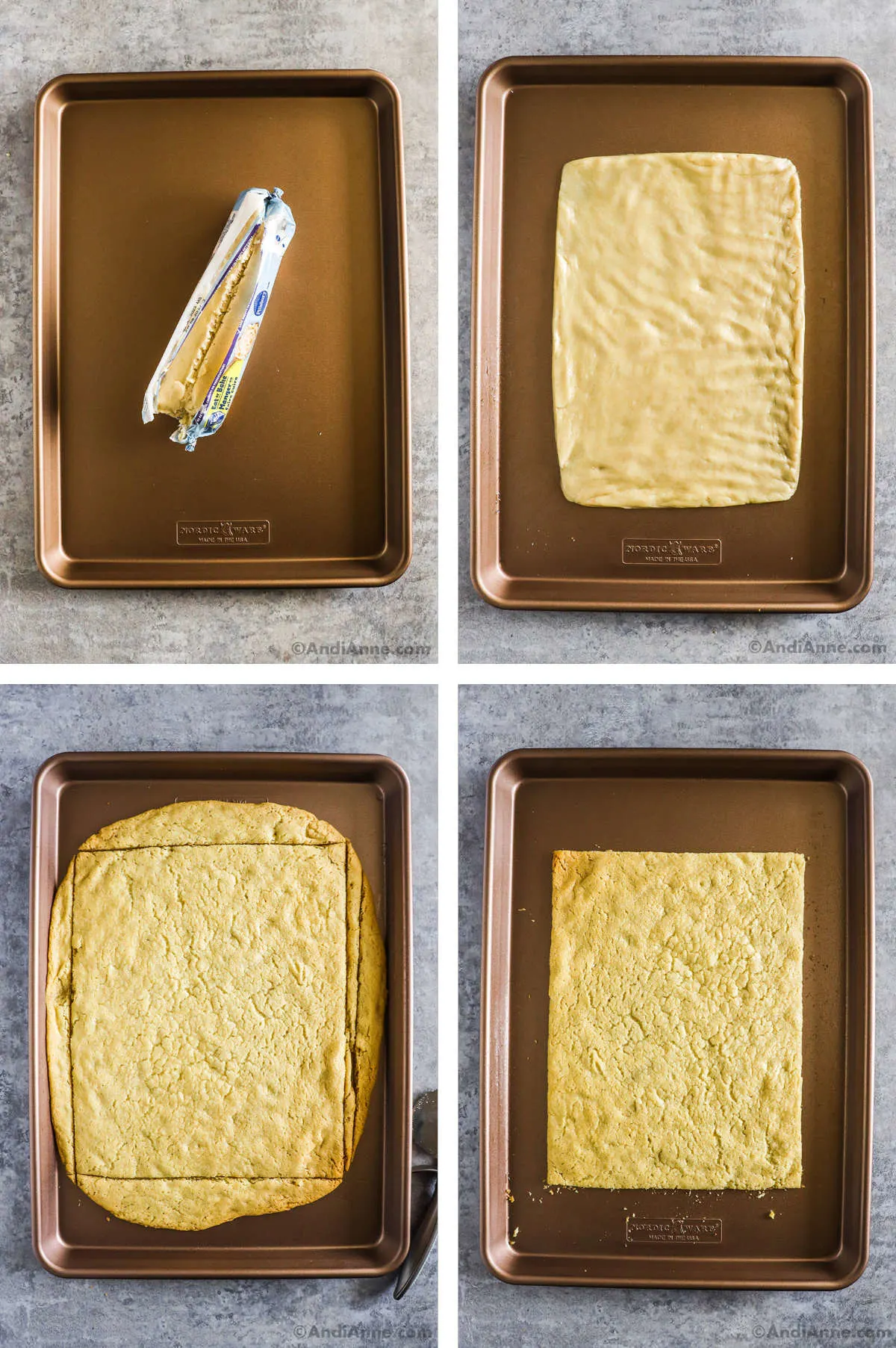 Four overhead images in one: 1. Cookie dough in opened package on baking sheet. 2. Cookie dough spread flat into a rectangle shape. 3. Cookie dough is baked and a line is cut on all four sides making a rectangle with straight edges 4. Cookie dough is baked and edges are trimmed and cleaned off.