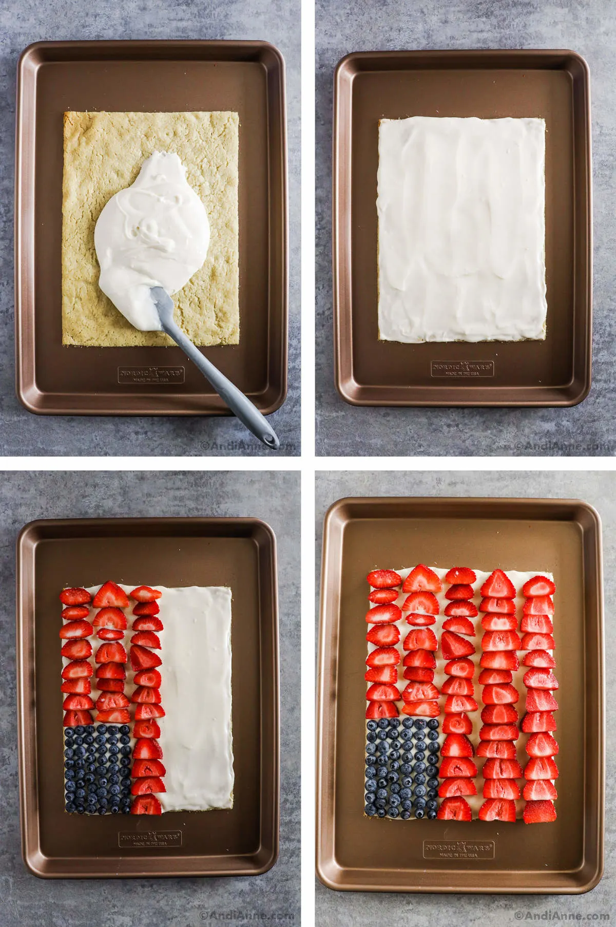 Four overhead images in one: 1. Cream cheese frosting is being spread on cookie with spatula. 2. Cream cheese frosting is spread evenly. 3. Blueberries and half of strawberries are placed on cookie. 4. All the berries are now placed on cookie. 