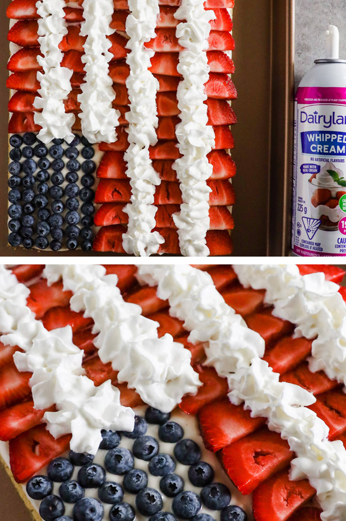 Four overhead images in one: 1. Whipped cream is added to the cookie, a can of whipped cream sits to the side. 2. Close up of blueberries, sliced strawberries and whipped cream on flag fruit pizza.