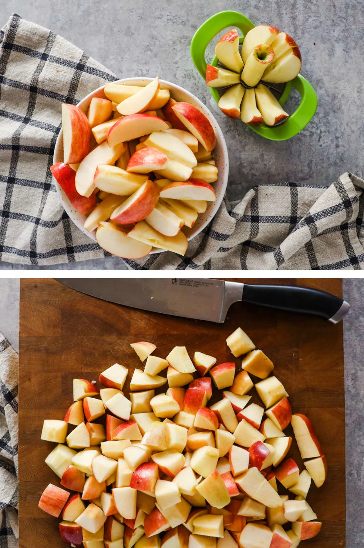 Two overhead images in one: 1. Sliced apple wedges in a bowl on a hand towel. A round apple slicer sits to the side with another sliced apple inside it. 2. The apple wedges are now on a cutting board and have been chopped into bite-sized pieces with a chef knife. 