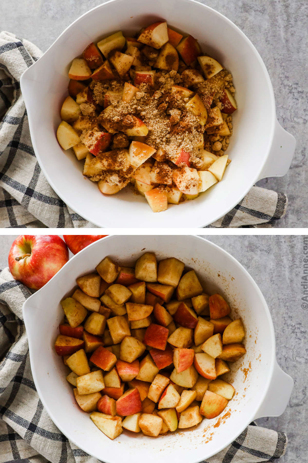 Two overhead images in one: 1. Apple chunks are pin a white bowl with sugar, cinnamon and vanilla extract. 2. Apples are tossed with ingredients and evenly mixed. 