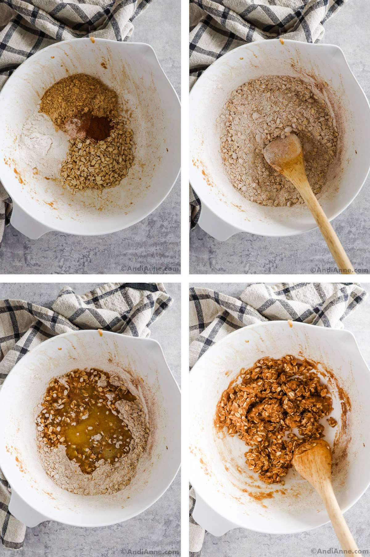 Four overhead images in one: 1. In a separate white bowl all the dry ingredients are added. 2. All the dry ingredients in the bowl are mixed. 3. Melted butter is added to the mixture. 4. Melted butter is mixed with dry ingredients with a wooden spoon. 
