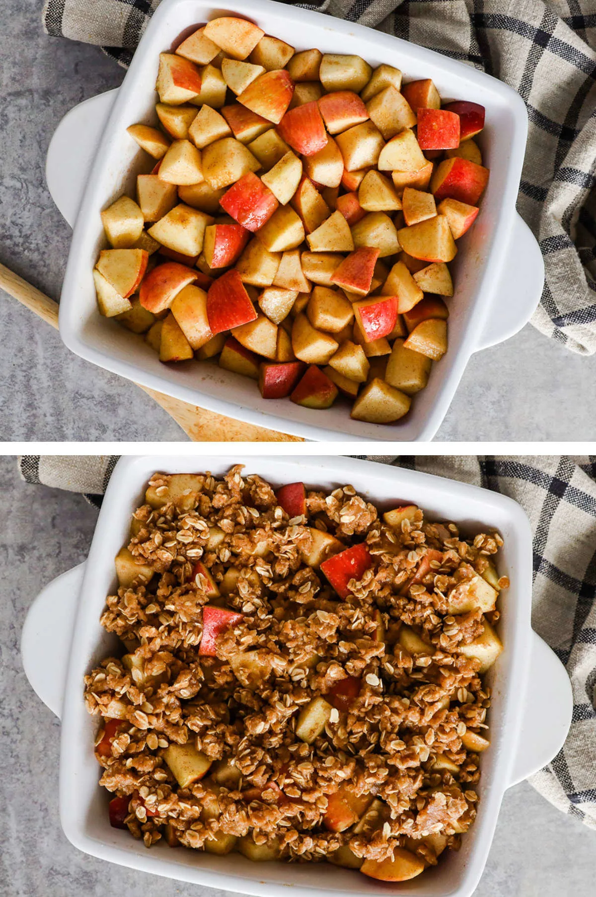 Two overhead images in one: 1. The seasoned apple chunks are placed in a shallow white baking dish. 2. The rolled oat mixture is evenly spread across the apples. 